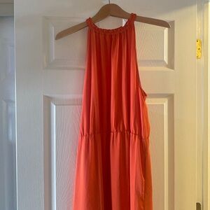 Bright orange maxi dress with one tier, neckline similar to halter, Sz 1X